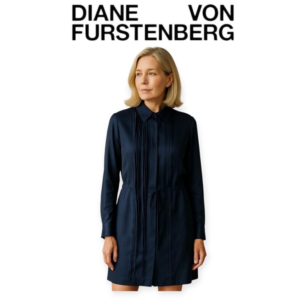 DVF Diane Von Furstenberg Navy Silk Drawstring Dress Adjustable Waist Size 2 EUC